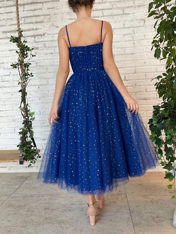 Vestido corto de fiesta con tirantes y escote corazón de tul, largo hasta la rodilla, para baile de bienvenida PD447