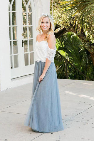 Vestidos de dama de honor de encaje de dos piezas con hombros descubiertos y dos piezas de tul. 