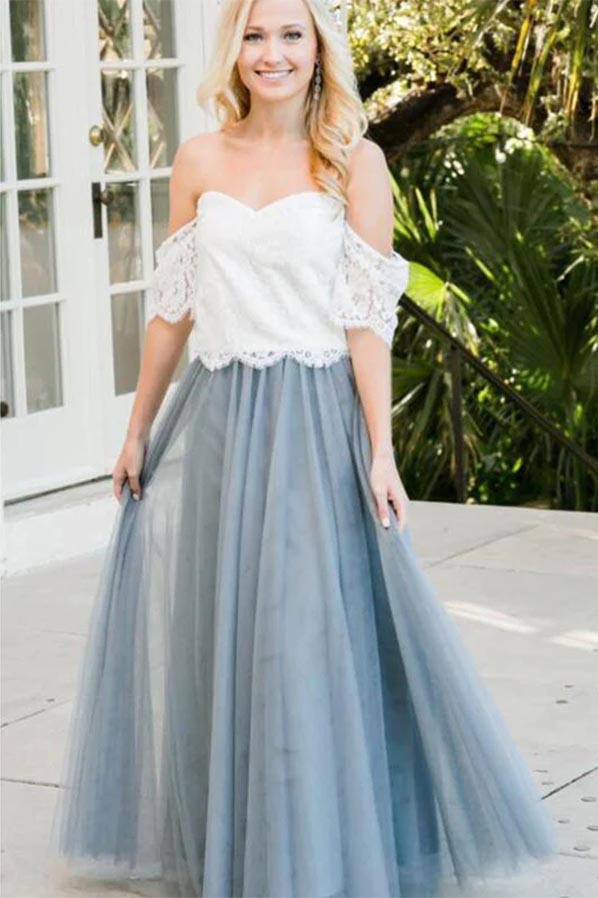 Vestidos de dama de honor de encaje de dos piezas con hombros descubiertos y dos piezas de tul. 