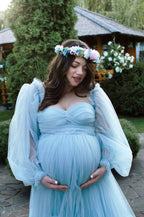 Vestido de maternidad de tul azul para sesión de fotos 