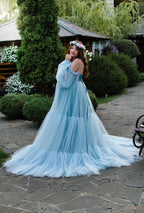Vestido de maternidad de tul azul para sesión de fotos 