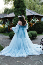 Vestido de maternidad de tul azul para sesión de fotos 