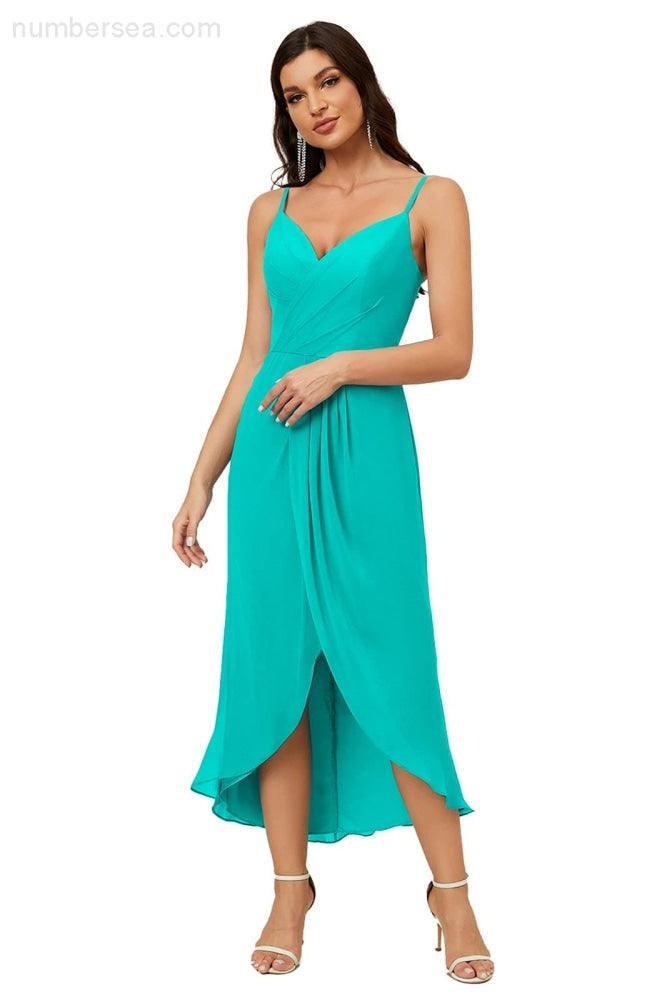Vestido de dama de honor de gasa con escote en V y abertura media, vestido formal de fiesta, vestido de bienvenida 2803 