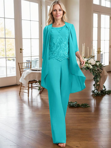 Separates Jumpsuit/Pantsuit Scoop Floor-Length Chiffon Lace Mother of the Bride Dress With Beading Sequins