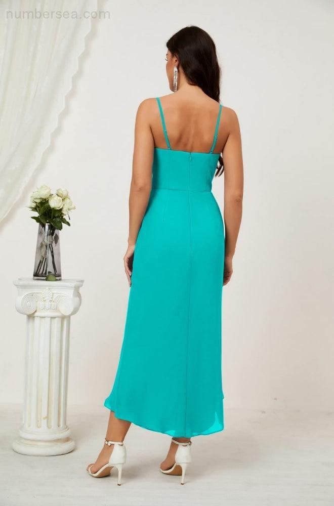 Vestido de dama de honor de gasa con escote en V y abertura media, vestido formal de fiesta, vestido de bienvenida 2803 
