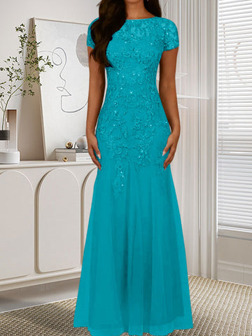 Dark Navy Mermaid Scoop Sequins Tulle Dress