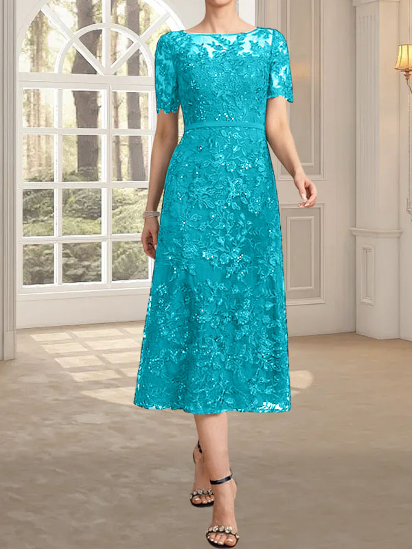 Robe de mère de la mariée en dentelle à sequins, coupe trapèze, décolleté illusion, longueur thé