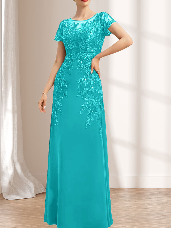 Vestido de novia de corte recto/columna, escote redondo, ilusión, largo hasta el suelo, de encaje y gasa con lentejuelas.