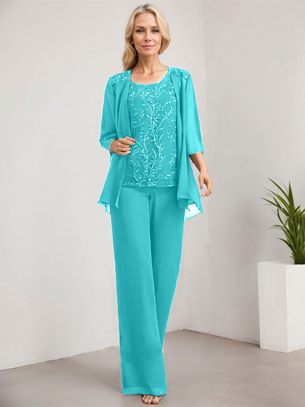 Vestido de novia de gasa con encaje y lentejuelas, estilo mono/pantalón, largo hasta el suelo, con escote redondo.