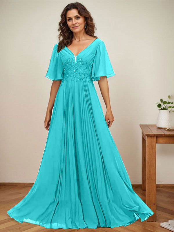 Vestido de corte A, escote en V, largo hasta el suelo, de gasa, para la madre de la novia, con apliques de lentejuelas y encaje plisado. 