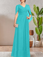 Vestido largo azul marino oscuro de corte A con escote en V para la madre de la novia