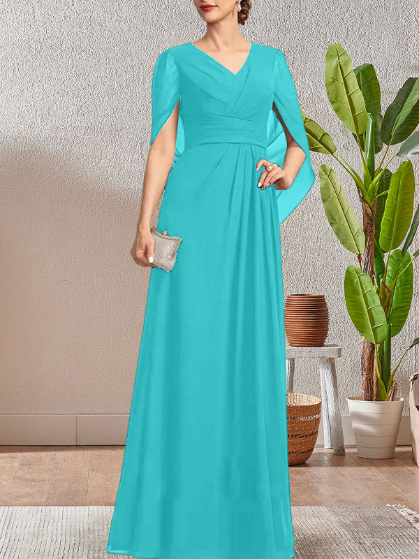 Vestido largo azul marino oscuro de corte A con escote en V para la madre de la novia