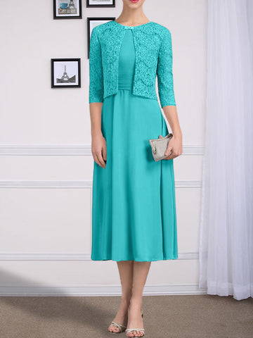 A-line Scoop Tea-Length Chiffon Mother of the Bride Dress With Pleated