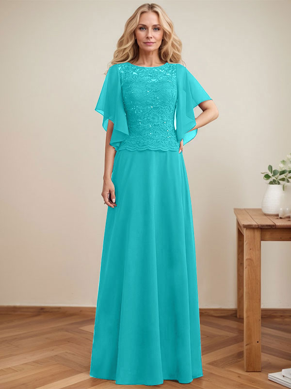 Vestido de novia de corte A, escote redondo, ilusión, largo hasta el suelo, de encaje y gasa con lentejuelas. 