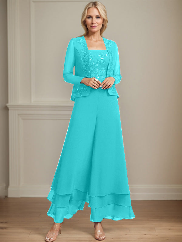Conjunto de pantalón y chaqueta de dos piezas, corte cuadrado, largo hasta el tobillo, encaje, gasa, vestido de madre de la novia con lentejuelas 