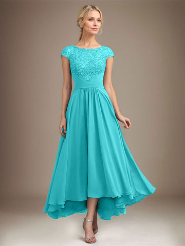 A-line Scoop Illusion Asymmetrical Lace Chiffon Mother of the Bride Dress With Pleated