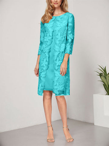 Vestido de corte A, escote redondo, largo hasta la rodilla, de gasa y encaje, para la madre de la novia, con chaqueta. 
