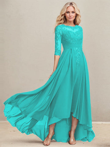 A-line Scoop Illusion Asymmetrical Lace Chiffon Mother of the Bride Dress With Pleated Sequins