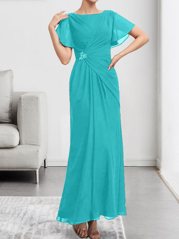 Vestido de gasa de corte A, escote redondo, largo hasta el tobillo, para la madre de la novia, con plisados ​​y cuentas.