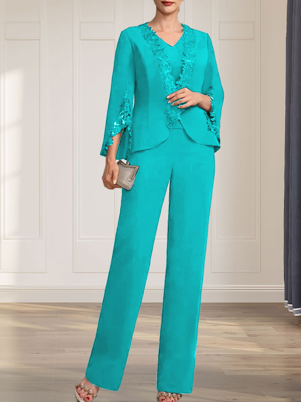 Combinaison/Tailleur-pantalon deux pièces, robe longue en mousseline à col V pour la mère de la mariée