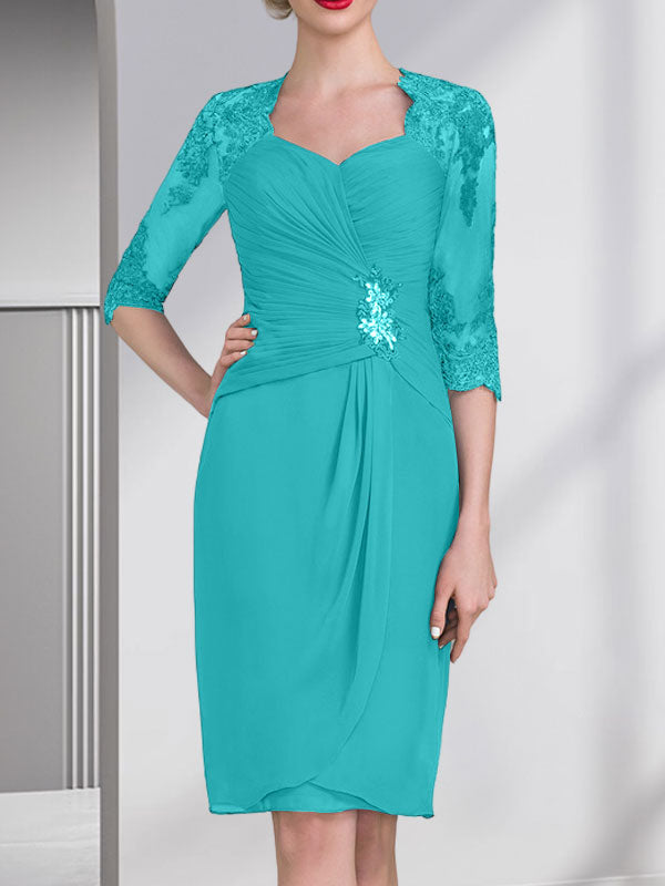 Vestido de corte recto/columna, escote corazón, largo hasta la rodilla, de gasa, con apliques de cuentas, encaje, lentejuelas y pliegues para la madre de la novia.