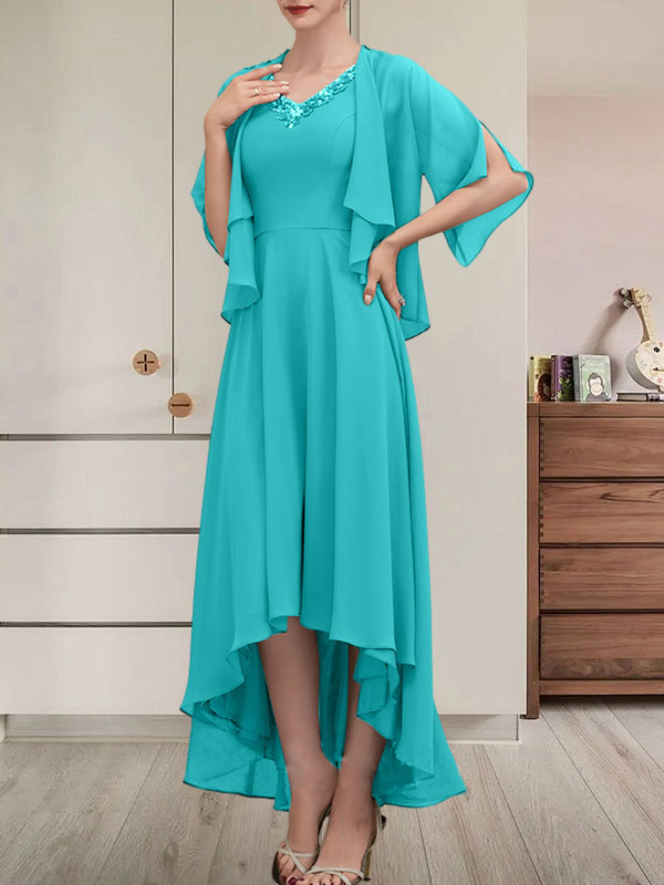Vestido de corte A, escote en V, asimétrico, de gasa, para la madre de la novia, con lentejuelas y pedrería.