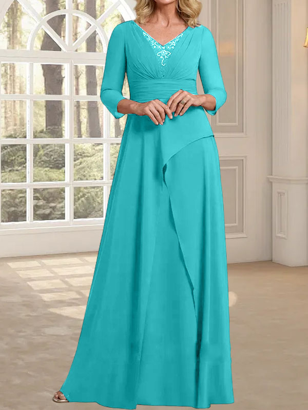Vestido de gasa de corte A, escote en V, largo hasta el suelo, para la madre de la novia, con plisados ​​y cuentas.