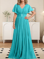 Vestido de gasa de corte A, escote en V, largo hasta el suelo, para la madre de la novia, con broche de cristal y pliegues. 