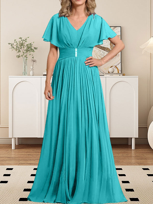 Vestido de gasa de corte A, escote en V, largo hasta el suelo, para la madre de la novia, con broche de cristal y pliegues. 