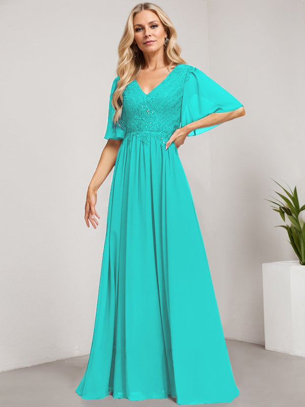 Vestido de novia de corte A, escote en V, largo hasta el suelo, de gasa de encaje con lentejuelas para la madre de la novia 