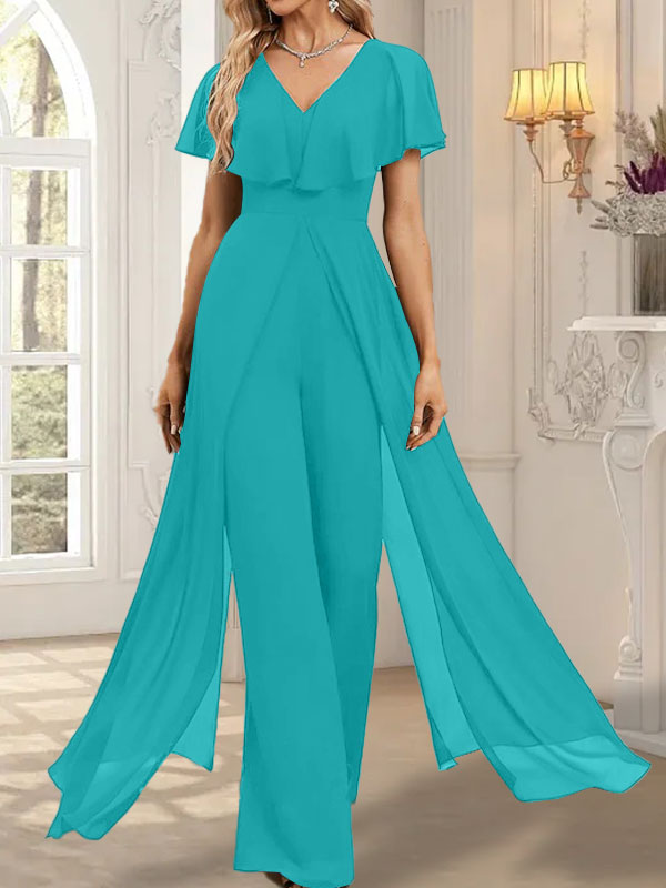 Combinaison-pantalon robe de soirée longue en mousseline à col en V