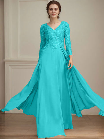 A-line V-Neck Floor-Length Lace Chiffon Mother of the Bride Dress With Sequins