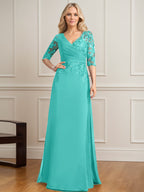 Robe de mère de la mariée en mousseline de dentelle, coupe trapèze, col en V, longueur au sol, ornée de sequins plissés 