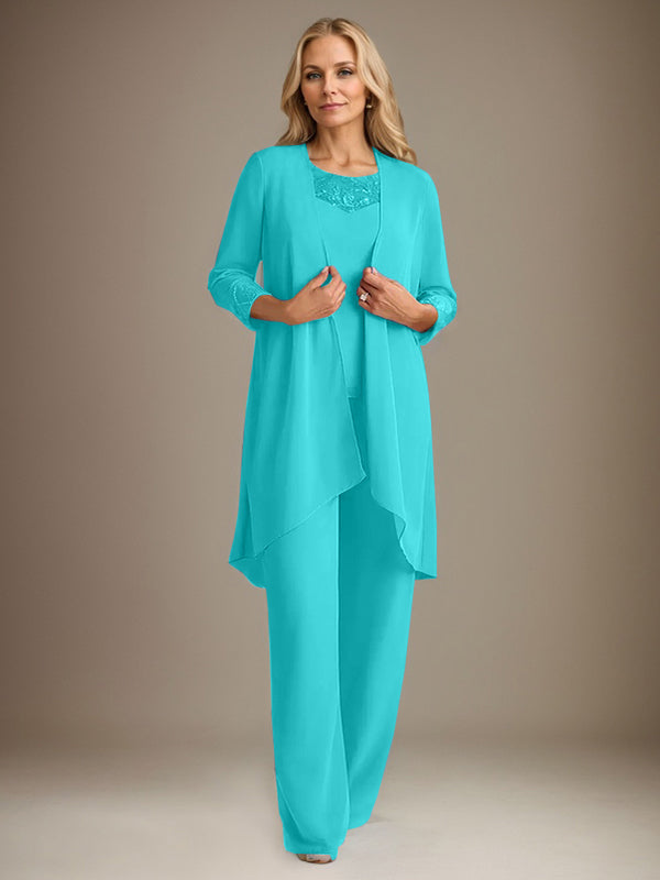 Tailleur-pantalon en mousseline à manches longues et col rond pour la mère de la mariée, avec veste 