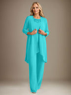 Tailleur-pantalon en mousseline à manches longues et col rond pour la mère de la mariée, avec veste 