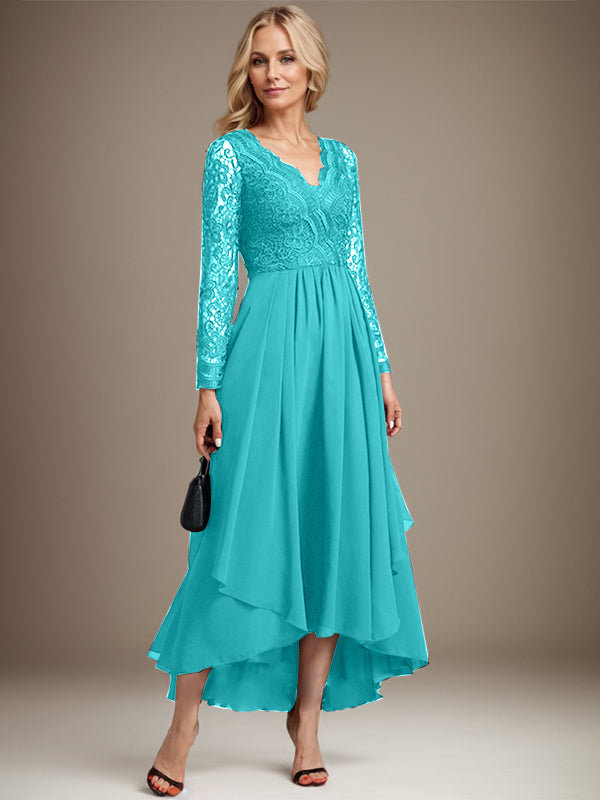 Vestido de novia de gasa con encaje asimétrico, escote en V y corte en A para la madre de la novia 