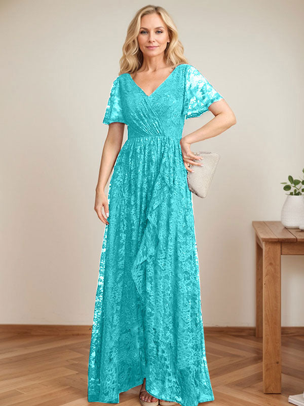 Robe de mère de la mariée asymétrique en dentelle, coupe trapèze, col en V et volants cascade 