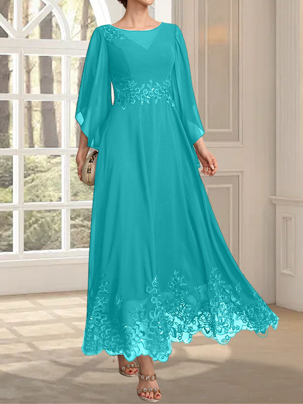 Robe de mère de la mariée en mousseline de dentelle, coupe trapèze, décolleté illusion, longueur cheville, ornée de sequins 