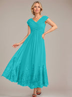 Vestido de gasa de corte evasé, escote en V, largo hasta el tobillo, para la madre de la novia, con apliques de lentejuelas. 