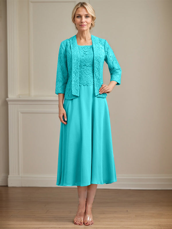 Vestido de corte A con escote redondo y largo hasta la rodilla en gasa de encaje para la madre de la novia 
