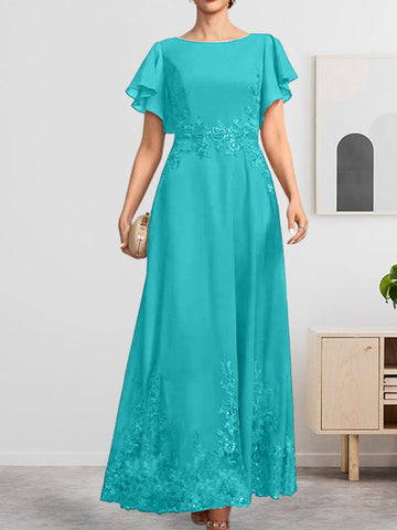 A-line Scoop Ankle-Length Lace Chiffon Mother of the Bride Dress With Sequins