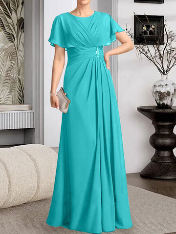 A-line Scoop Floor-Length Chiffon Mother of the Bride Dress With Pleated Beading