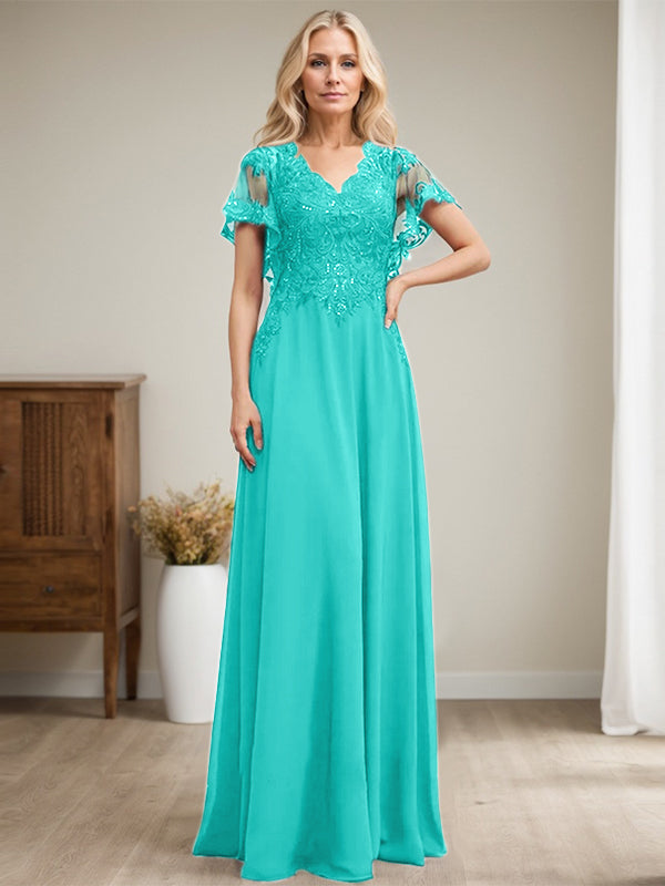 Vestido de novia de corte A, escote en V, largo hasta el suelo, de gasa de encaje con lentejuelas para la madre de la novia 