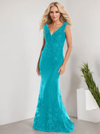 Vestido de sirena para la madre de la novia, corte sirena, escote en V, largo hasta el suelo, de gasa de encaje con apliques de lentejuelas. 