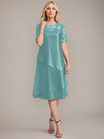 Vestido de corte A, escote redondo, largo hasta la rodilla, para la madre de la novia, con apliques y lentejuelas. 