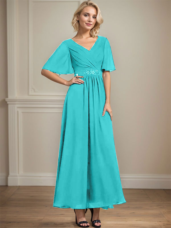 Vestido de gasa de corte A, escote en V, largo hasta el tobillo, para la madre de la novia, con lentejuelas y cuentas plisadas.