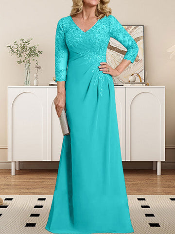 Sheath/Column V-Neck Illusion Floor-Length Lace Chiffon Mother of the Bride Dress With Pleated Sequins
