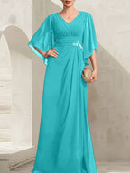 Vestido de corte recto/columna, escote en V, largo hasta el suelo, de gasa, para la madre de la novia, con lentejuelas plisadas y pedrería.