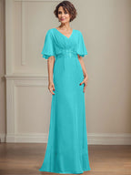 Vestido de corte A, escote en V, largo hasta el suelo, de gasa, para la madre de la novia, con apliques de lentejuelas plisadas y encaje.