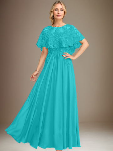 A-line Boat Neck Floor-Length Lace Chiffon Mother of the Bride Dress With Applique Sequins